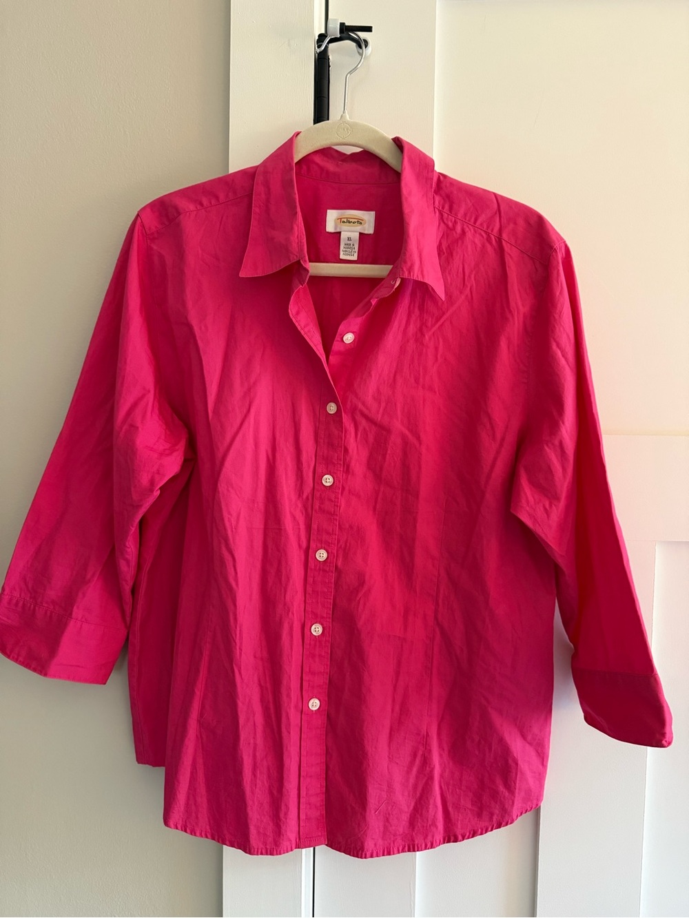 Talbots Cotton Button Down Shirt Top 3/4 Sleeves Hot Pink Fuchsia XL
